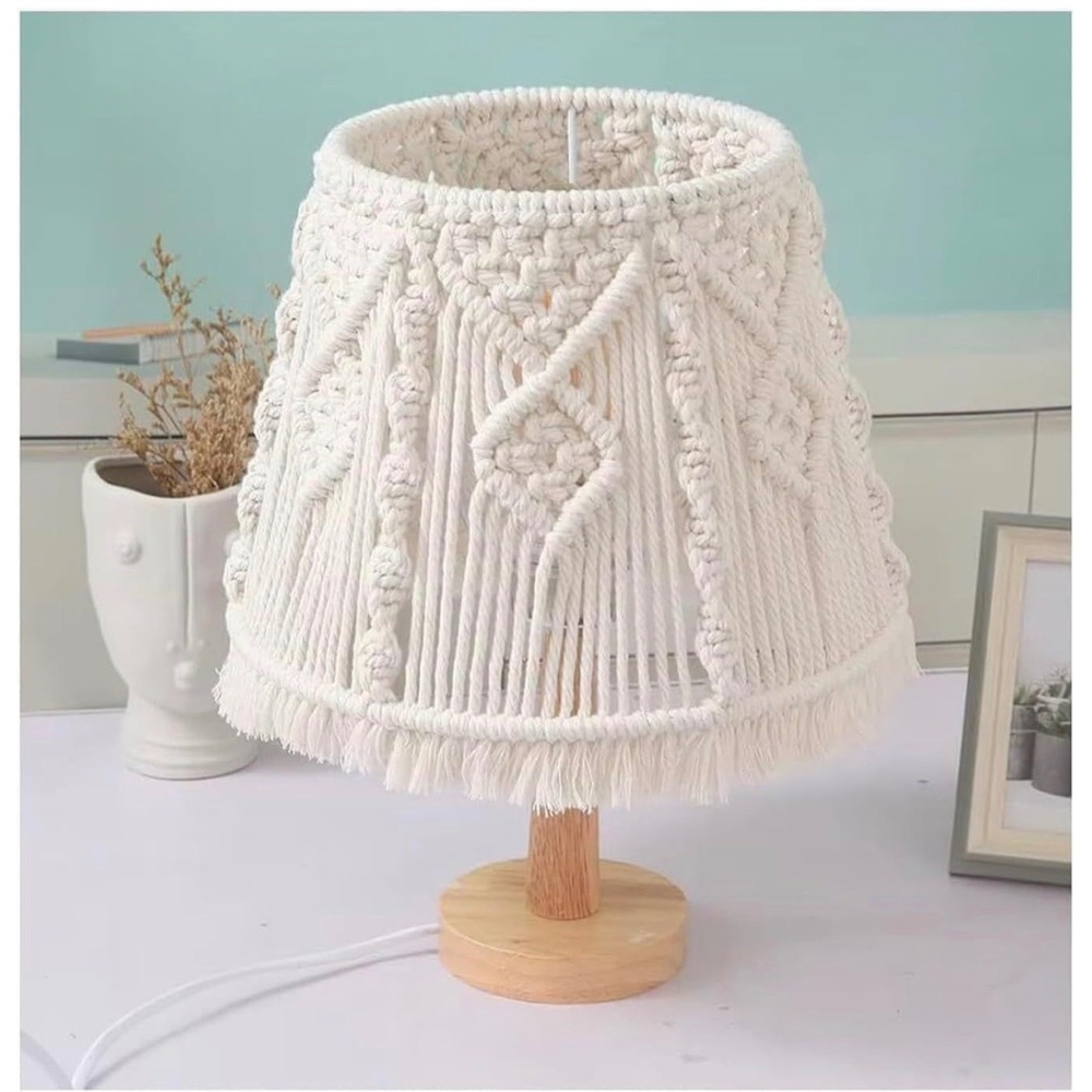 NEW Boho Macrame Table Lamp Handmade Woven Shade Wooden Base Ivory White Bedsid‎
